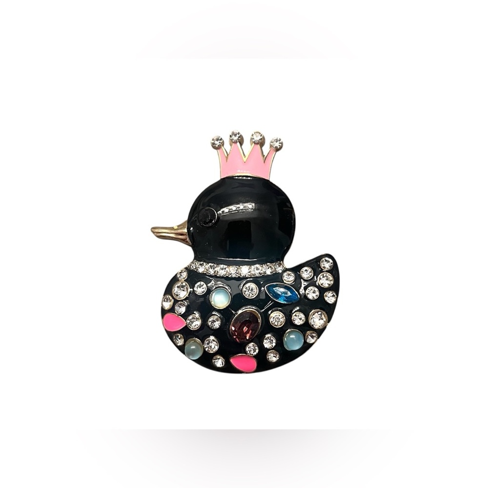 Gold Toned Black Enamel Crown Duck Brooch with Rhinestones
